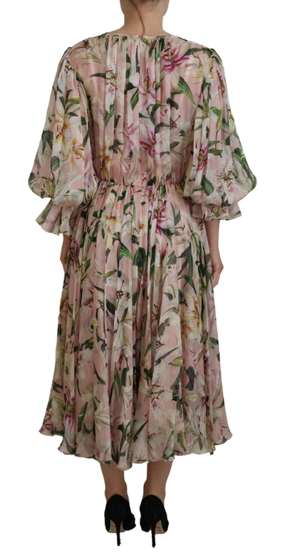 Shop Dolce & Gabbana Pink Lily Print Silk A-line Pleated Maxi Women's Dress