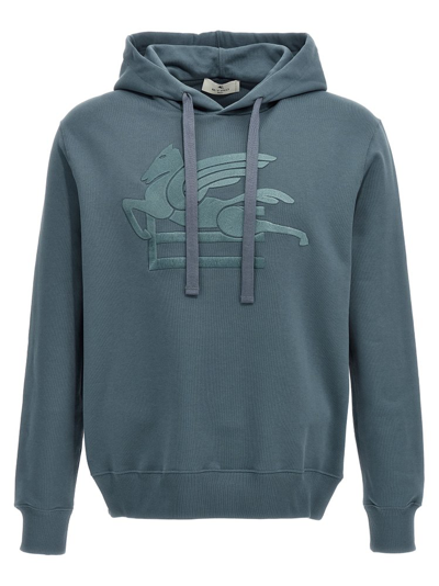 Shop Etro Logo Embroidered Drawstring Hoodie In Blue