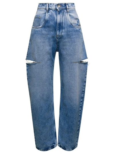 Shop Maison Margiela Light Blue Denim Distressed Straight Leg Jeans With Cut-out In Cotton Woman
