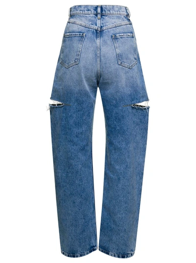 Shop Maison Margiela Light Blue Denim Distressed Straight Leg Jeans With Cut-out In Cotton Woman