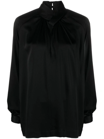 Shop Semicouture Zoe Satin Shirt With Knot Clothing In Black