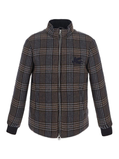 Shop Etro Logo Embroidered Checked Zipped Jacket In Multi