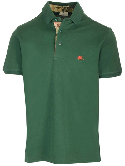 Shop Etro Logo Embroidered Short Sleeved Polo Shirt In Green