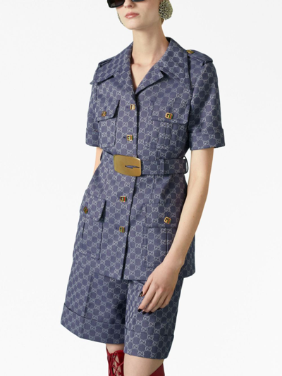 Shop Gucci Double G Belted Shirt In Blue
