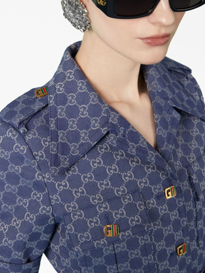 Shop Gucci Double G Belted Shirt In Blue