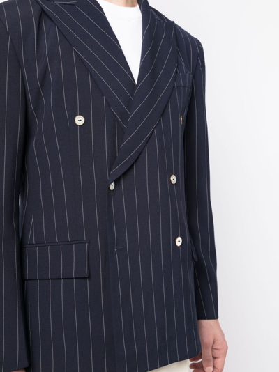 Shop Late Checkout Pinstriped Double-breasted Wool Blazer In Blue