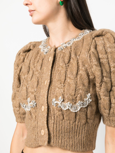 Shop Simone Rocha Crystal-embellished Cropped Cardigan In Brown