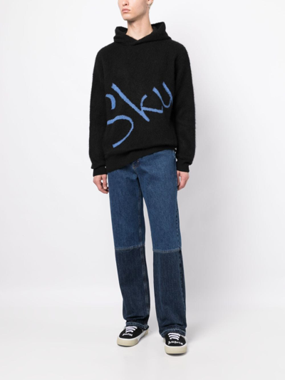 Shop Blue Sky Inn Logo-jacquard Knitted Hoodie In Black