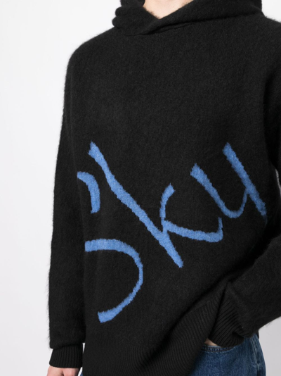 Shop Blue Sky Inn Logo-jacquard Knitted Hoodie In Black