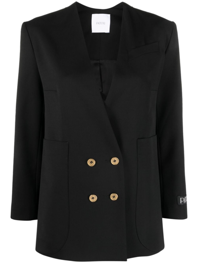 Shop Patou Collarless Double-breasted Blazer In Black