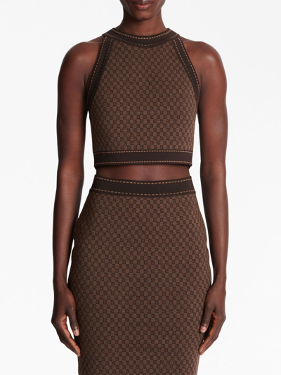 Shop Balmain Monogram-jacquard Cropped Top In Brown