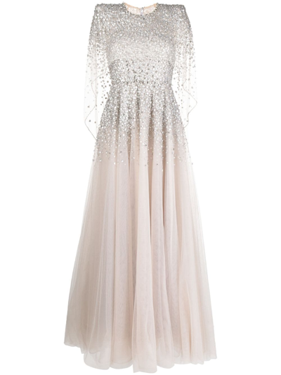 Shop Jenny Packham Osha Sequin-embellished Cape Gown In Silver