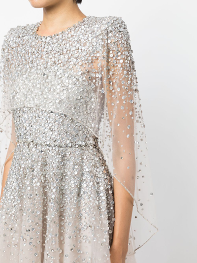 Shop Jenny Packham Osha Sequin-embellished Cape Gown In Silver