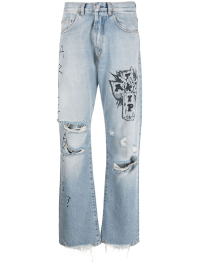 Shop Aries Distressed-effect Wide-leg Jeans In Blue