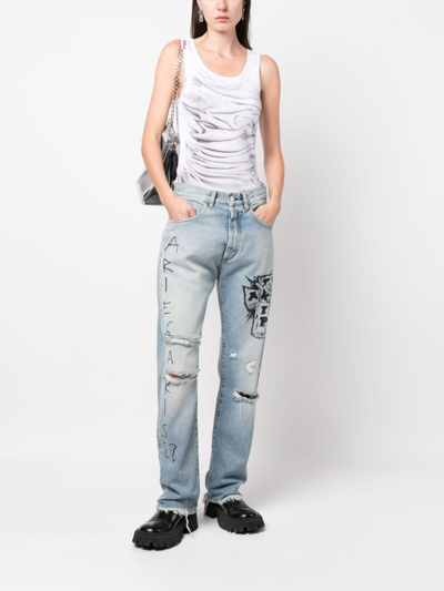 Shop Aries Distressed-effect Wide-leg Jeans In Blue