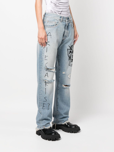 Shop Aries Distressed-effect Wide-leg Jeans In Blue