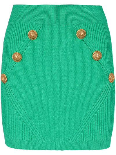 Shop Balmain Button-detailed Rib-knit Skirt In Green