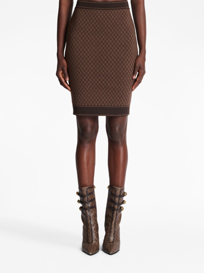 Shop Balmain Monogram-jacquard Skirt In Brown