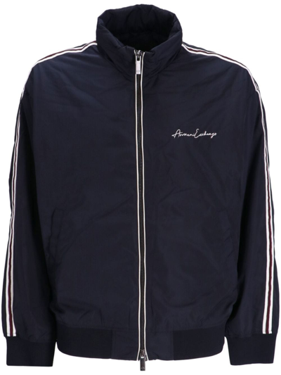 Shop Armani Exchange Logo-embroidered Zipped Bomber Jacket In Blue