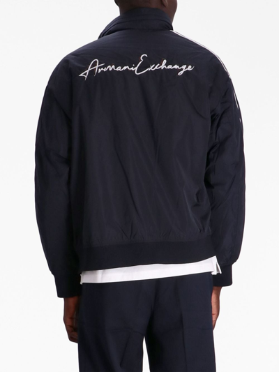 Shop Armani Exchange Logo-embroidered Zipped Bomber Jacket In Blue