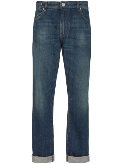 Shop Balmain Vintage Logo-patch Straight-leg Jeans In Blue