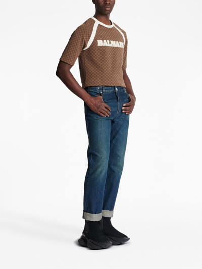 Shop Balmain Vintage Logo-patch Straight-leg Jeans In Blue