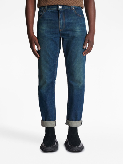 Shop Balmain Vintage Logo-patch Straight-leg Jeans In Blue