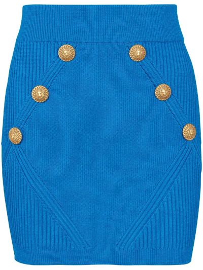 Shop Balmain Buttoned-embossed Knit Miniskirt In Blue