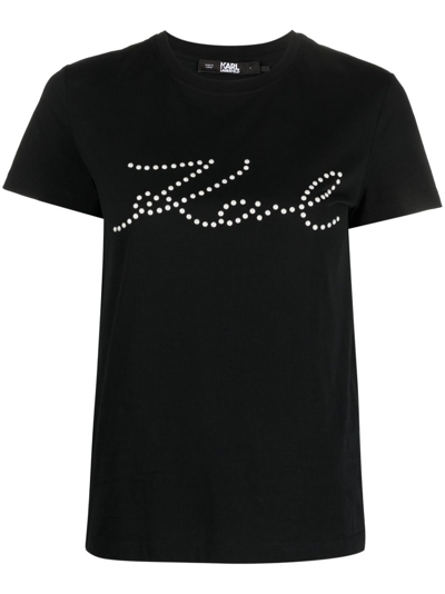 Shop Karl Lagerfeld Logo Print-embellished Organic-cotton T-shirt In Black