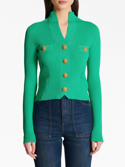 Shop Balmain Buttoned Ribbed-knit Cardigan In Green
