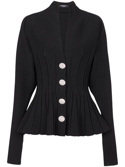 Shop Balmain Rib-knit Pleated Cardigan In Black