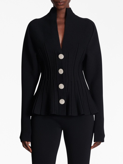 Shop Balmain Rib-knit Pleated Cardigan In Black