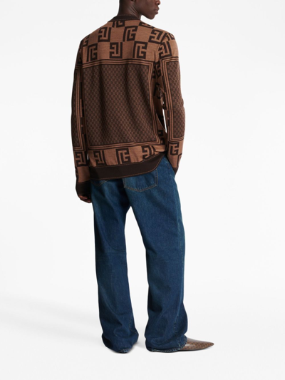 Shop Balmain Monogram Jacquard Jumper In Brown