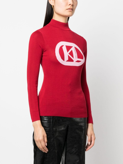 Shop Karl Lagerfeld Logo-intarsia Mock-neck Jumper In Red