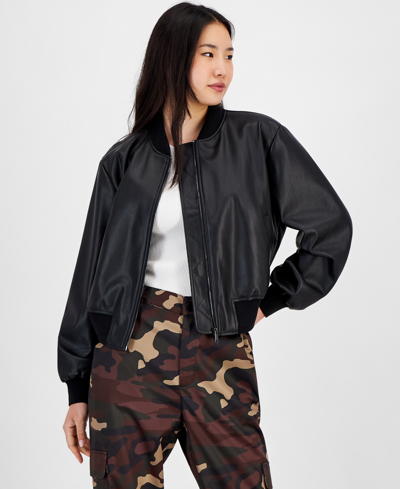 Shop Bar Iii Petite Faux-leather Bomber Jacket, Created For Macy's In Deep Black