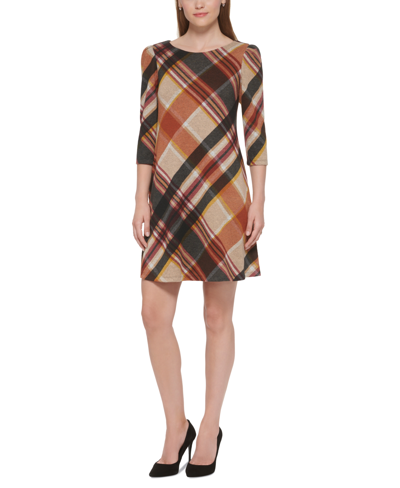 Shop Jessica Howard Petite Plaid Puff-sleeve A-line Dress In Rust Multi