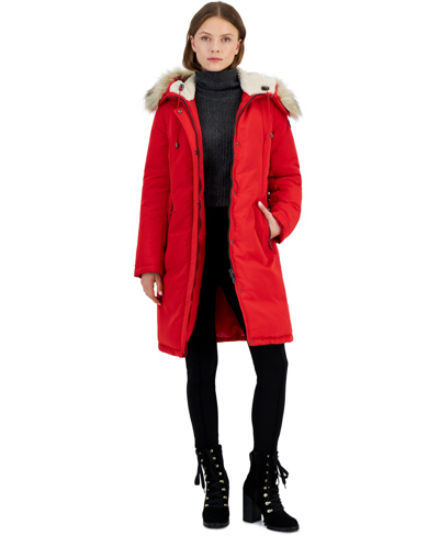 Shop Sam Edelman Women's Faux-fur-trim Hooded Parka In Red