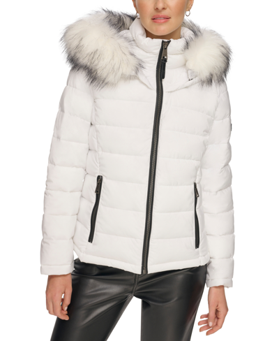 Shop Dkny Women's Faux-fur-trim Hooded Puffer Coat In White