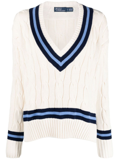 Polo Ralph Lauren Cricket Striped Cable-knit Cotton Sweater In Neutrals