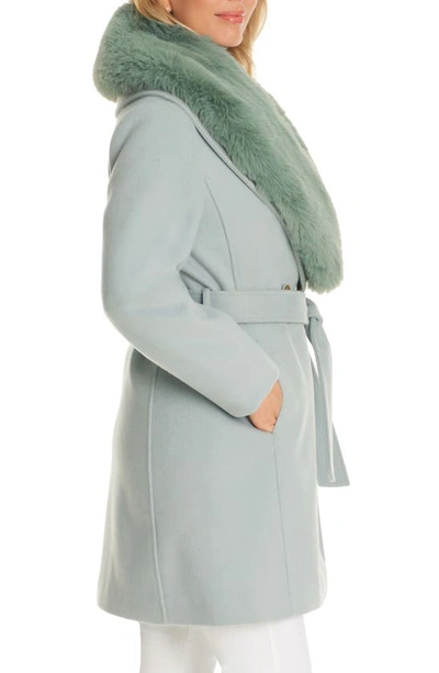 Vince Camuto Double Breasted Coat With Removable Faux Fur Collar In Mint
