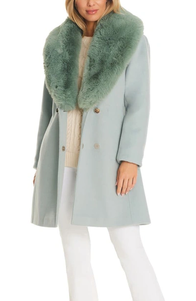 Vince Camuto Double Breasted Coat With Removable Faux Fur Collar In Mint