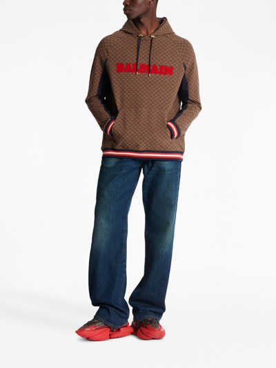 Balmain Retro Monogram Logo Cotton Hoodie In 褐色