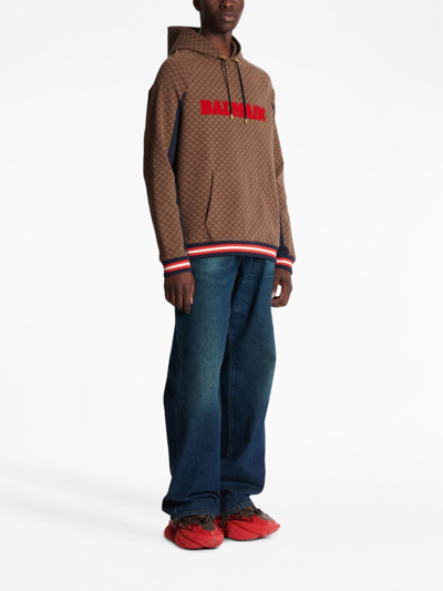 Balmain Retro Monogram Logo Cotton Hoodie In 褐色