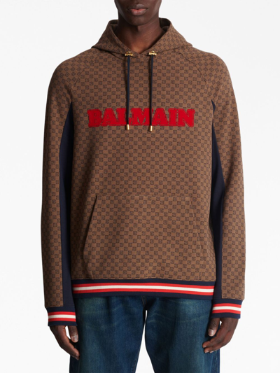 Balmain Retro Monogram Logo Cotton Hoodie In 褐色