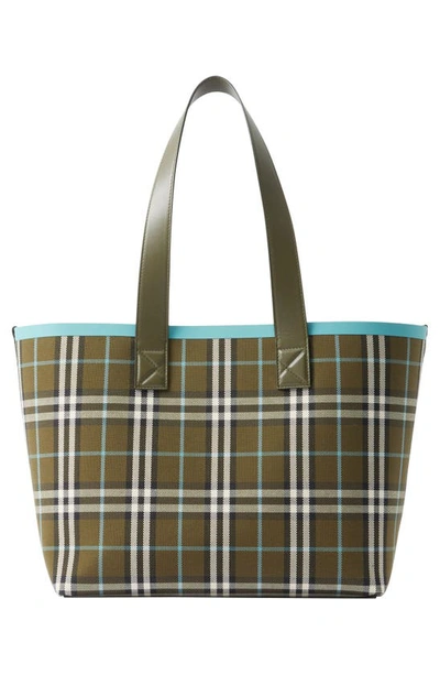Shop Burberry Medium Heritage Check Canvas Tote In Olive Green