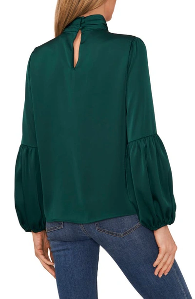 Cece Mock Neck Blouson Sleeve Satin Top In Dark Forest