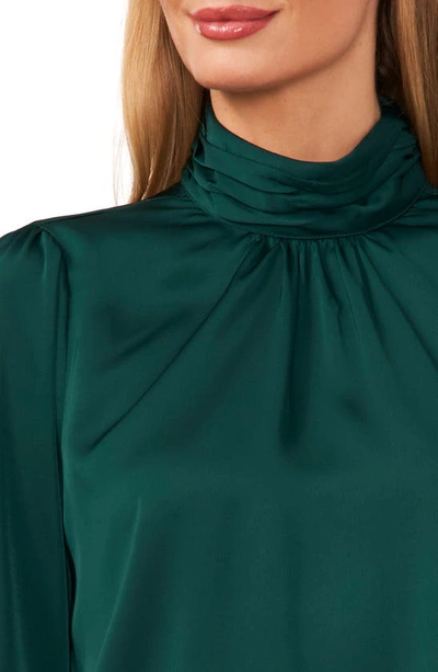 Cece Mock Neck Blouson Sleeve Satin Top In Dark Forest