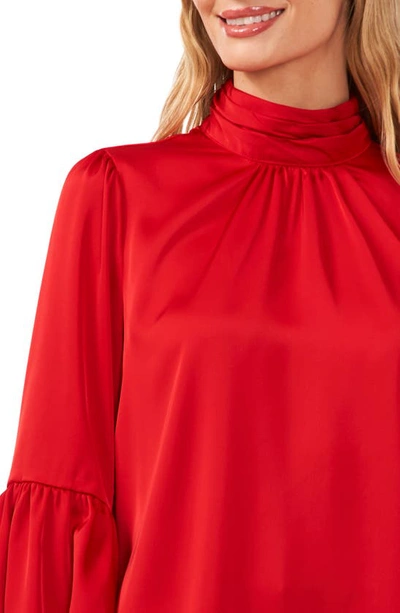 Cece Mock Neck Blouson Sleeve Satin Top In Stoplight Red