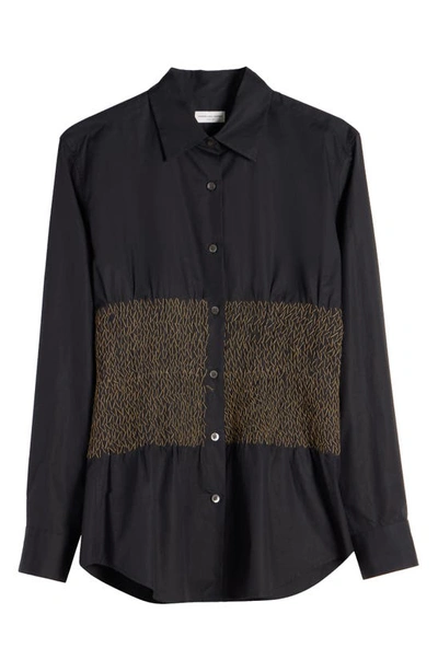 Shop Dries Van Noten Claver Smocked Waist Cotton Button-up Shirt In Black