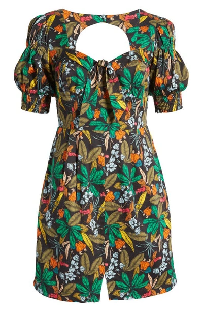 Shop Du Paradis Floral Print Puff Sleeve Minidress In Midnight Forest